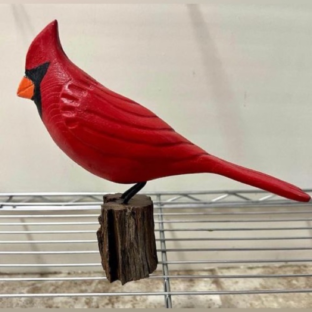 7” x 8” Hand Carved & Painted Cardinal Bird on a Wooden Base - Price: $45